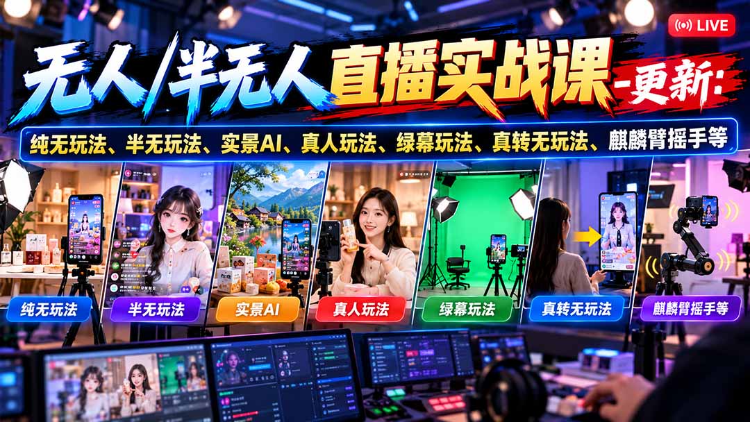 无人/半无人直播实战课-10月20更新:纯无玩法、半无玩法、实景AI、真人玩法、绿幕玩法、真转无玩法、麒麟臂摇手等 - 严选资源大全