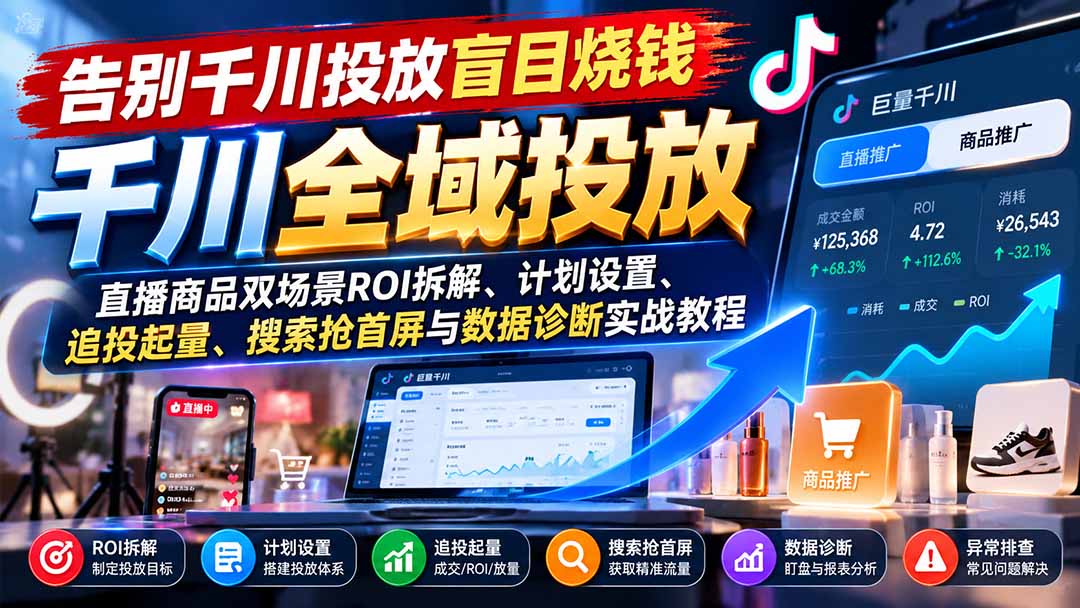 告别千川投放盲目烧钱:直播商品双场景ROI拆解、计划设置、追投起量、搜索抢首屏与数据诊断实战教程 - 严选资源大全