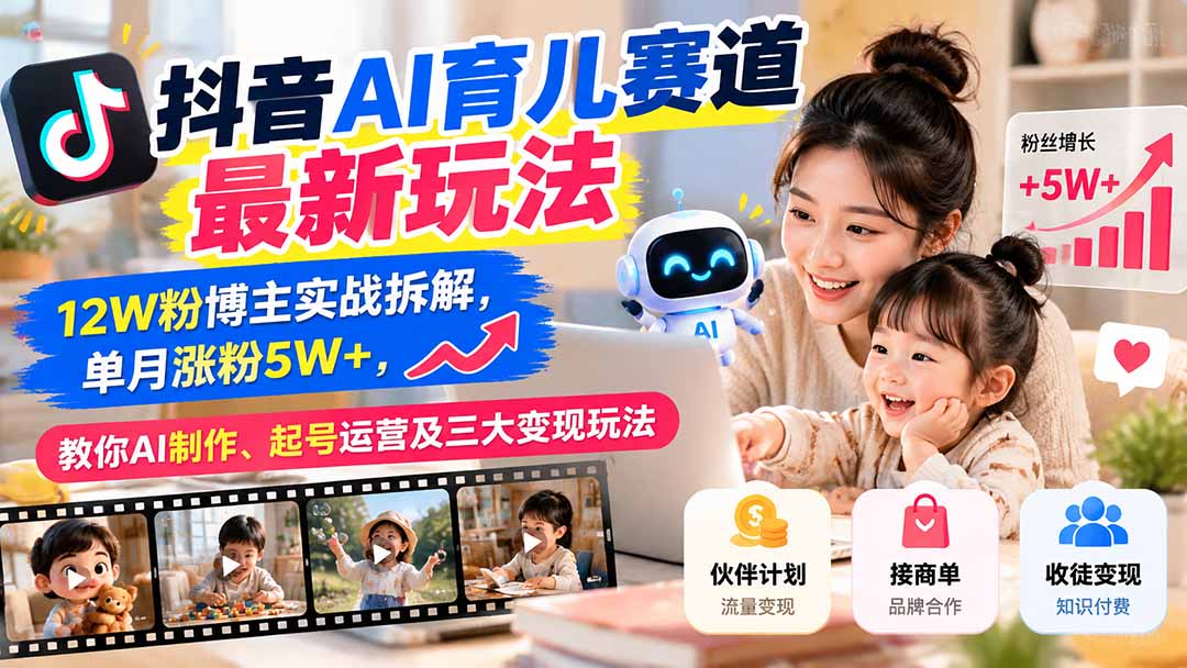 抖音AI育儿赛道最新玩法：12W粉博主实战拆解，单月涨粉5W+，教你AI制作、起号运营及三大变现玩法 - 严选资源大全