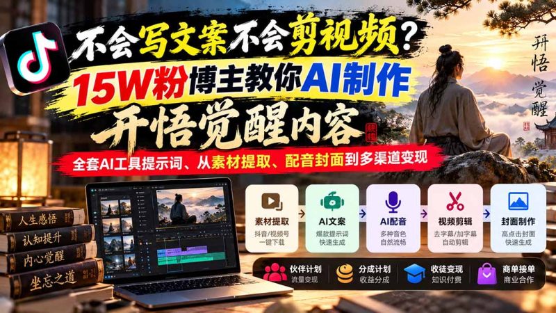 不会写文案不会剪视频?15W粉博主教你AI制作开悟觉醒内容,全套AI工具提示词、从素材提取、配音封面到多渠道变现 - 严选资源大全 - 严选资源大全
