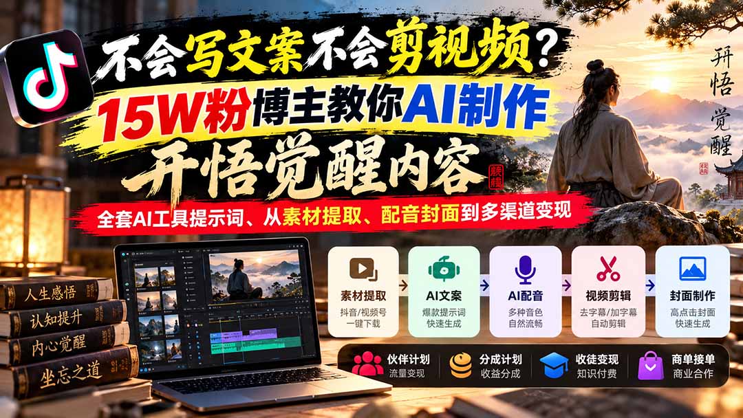 不会写文案不会剪视频?15W粉博主教你AI制作开悟觉醒内容,全套AI工具提示词、从素材提取、配音封面到多渠道变现 - 严选资源大全