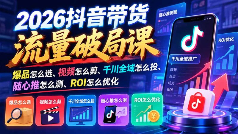 2026抖音带货流量破局课:爆品怎么选、视频怎么剪、千川全域怎么投、随心推怎么测、ROI怎么优化 - 严选资源大全 - 严选资源大全