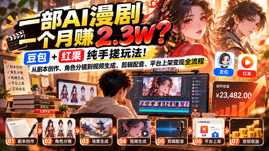 一部AI漫剧一个月赚2.3W？豆包+红果纯手搓玩法！从剧本创作、角色分镜到视频生成、剪辑配音、平台上架变现全流程 - 严选资源大全