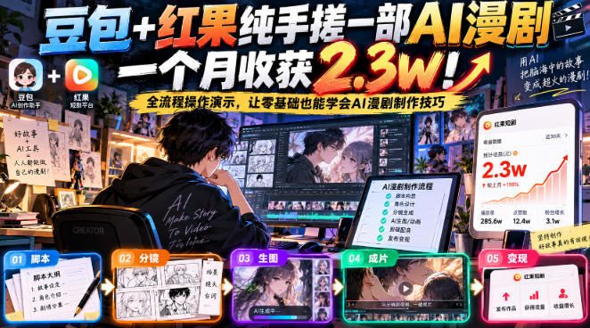 豆包+红果纯手搓一部AI漫剧一个月收获2.3w！全流程操作演示，让零基础也能学会AI漫剧制作技巧 - 严选资源大全