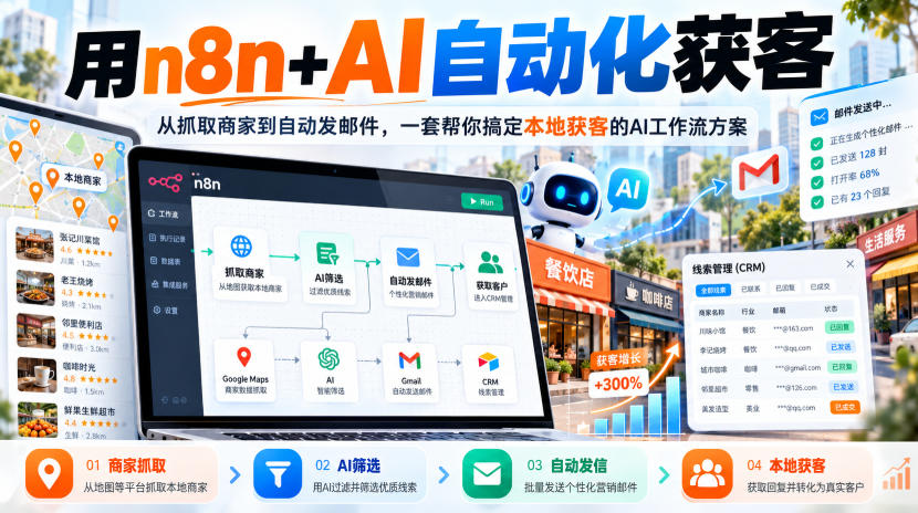 【无水印】用n8n+AI自动化获客，从抓取商家到自动发邮件，一套帮你搞定本地获客的AI工作流方案【原创双语字幕】 - 严选资源大全