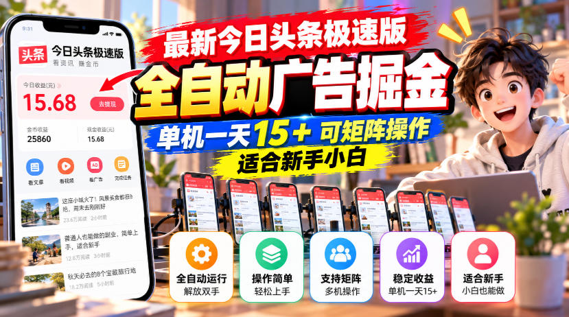 最新今日头条极速版全自动广告掘金，单机一天15+可矩阵操作适合新手小白 - 严选资源大全