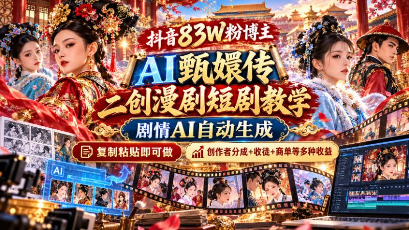 抖音83W粉博主AI甄嬛传二创漫剧短剧教学|剧情AI自动生成,复制粘贴即可做,各大平台创作者分成+收徒等多种收益 - 严选资源大全 - 严选资源大全
