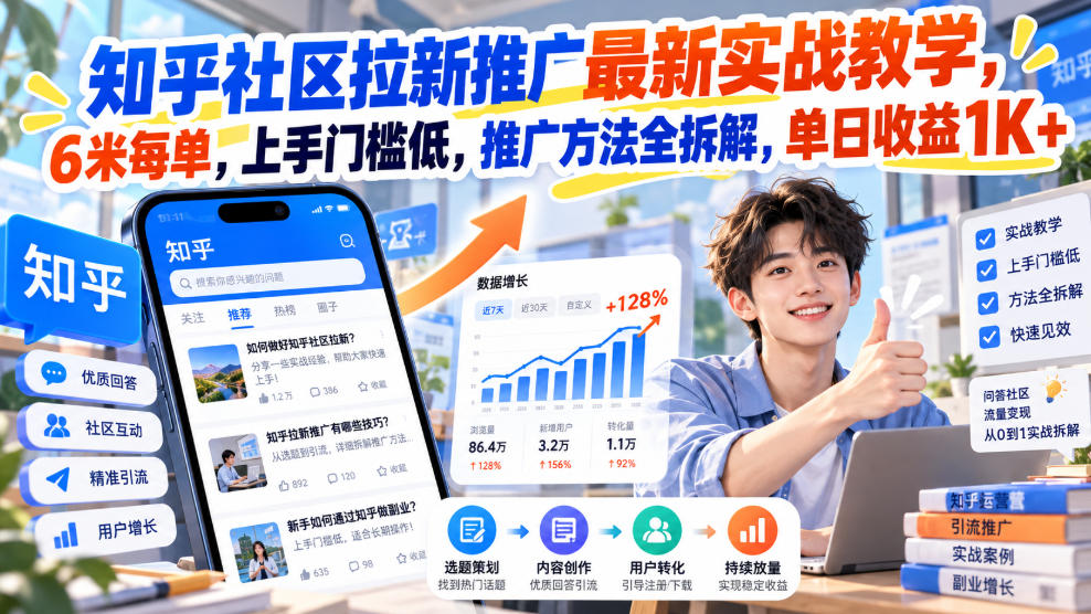 知乎社区拉新推广最新实战教学，6米每单，上手门槛低，推广方法全拆解，单日收益1K+！(更新1021) - 严选资源大全