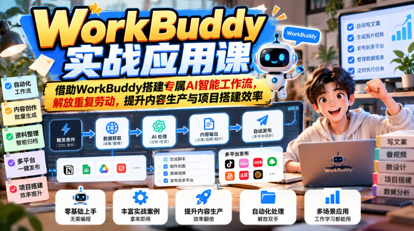 WorkBuddy实战应用课，借助WorkBuddy搭建专属AI智能工作流，解放重复劳动，提升内容生产与项目搭建效率 - 严选资源大全