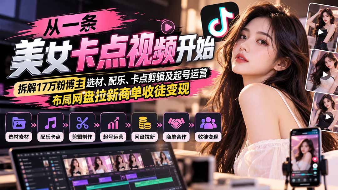 从一条美女卡点视频开始:拆解17万粉博主选材、配乐、卡点剪辑及起号运营,布局网盘拉新商单收徒变现 - 严选资源大全