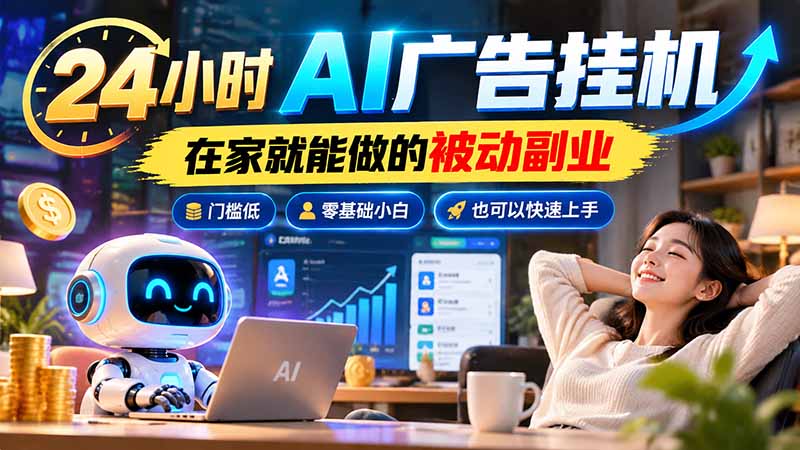24小时AI广告挂机|在家就能做的被动副业,门槛低,零基础小白也可以快速上手 - 严选资源大全
