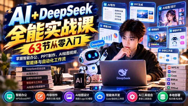 AI+DeepSeek全能实战课：63节从零入门，掌握智能办公、PPT制作、AI绘图视频、智能体与自动化工作流 - 严选资源大全 - 严选资源大全