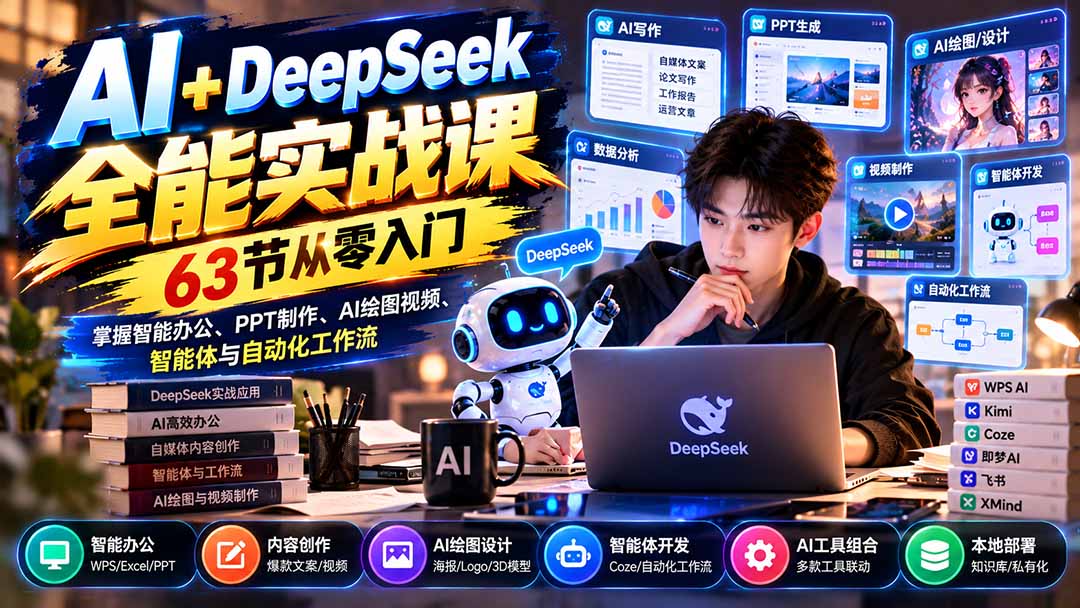 AI+DeepSeek全能实战课:63节从零入门,掌握智能办公、PPT制作、AI绘图视频、智能体与自动化工作流 - 严选资源大全