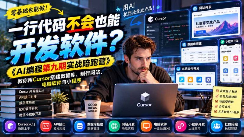 一行代码不会也能开发软件?《AI编程第九期实战陪跑营》教你用Cursor搭建数据库、制作网站、电脑软件与小程序 - 严选资源大全 - 严选资源大全