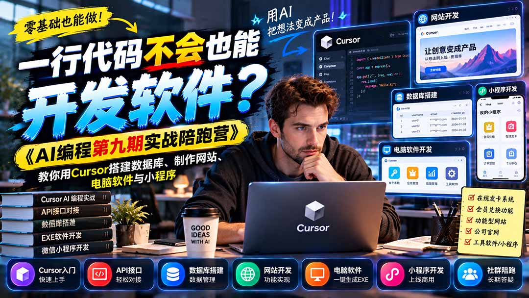 一行代码不会也能开发软件?《AI编程第九期实战陪跑营》教你用Cursor搭建数据库、制作网站、电脑软件与小程序 - 严选资源大全