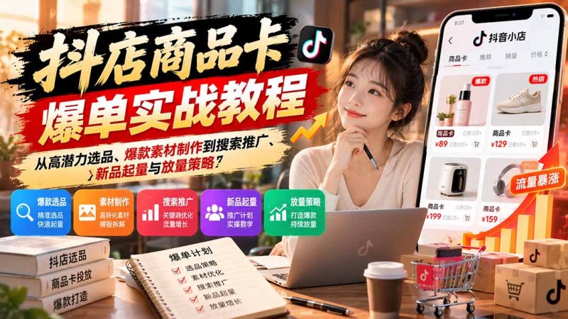 抖店商品卡爆单实战教程:从高潜力选品、爆款素材制作到搜索推广、新品起量与放量策略 - 严选资源大全 - 严选资源大全