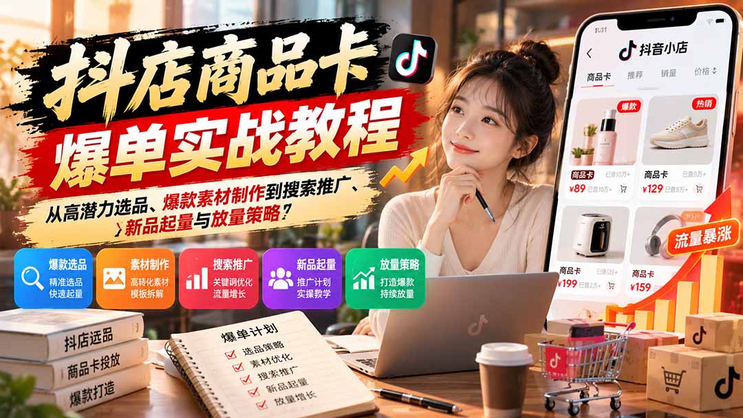 抖店商品卡爆单实战教程:从高潜力选品、爆款素材制作到搜索推广、新品起量与放量策略 - 严选资源大全