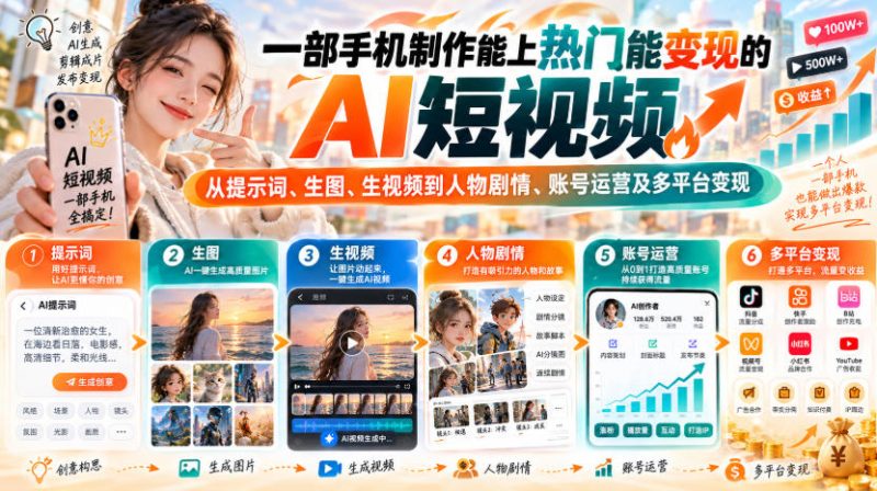 【无水印】一部手机制作能上热门能变现的AI短视频,从提示词、生图、生视频到人物剧情、账号运营及多平台变现(更新) - 严选资源大全 - 严选资源大全