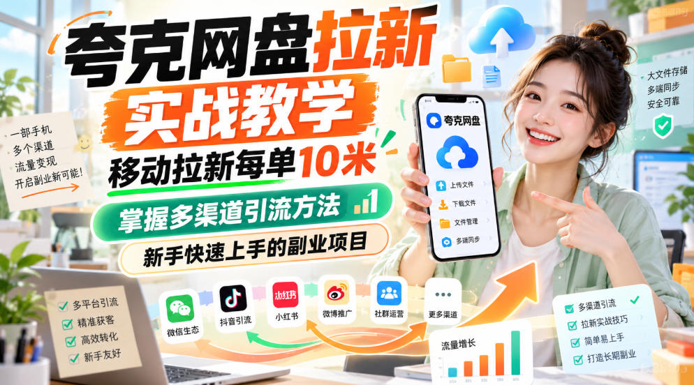 夸克网盘拉新实战教学，移动拉新每单10米，掌握多渠道引流方法，新手快速上手的副业项目(更新1023) - 严选资源大全