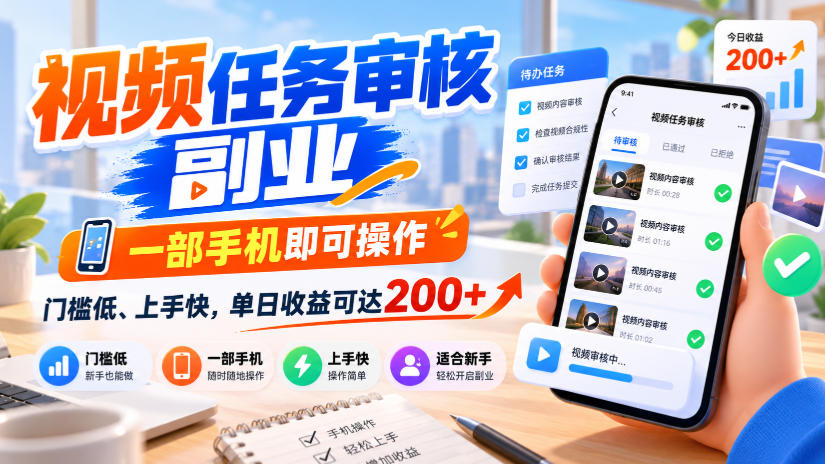 视频任务审核副业,一部手机即可操作,门槛低、上手快,单日收益可达200+【揭秘】 - 严选资源大全
