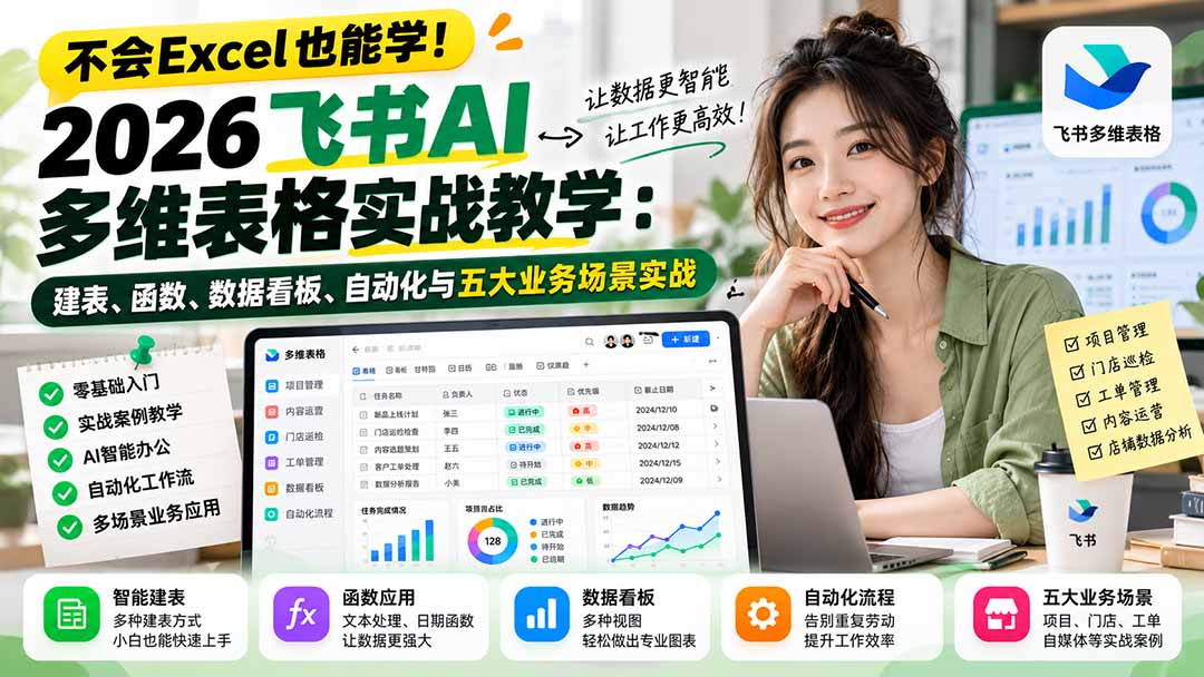不会Excel也能学！2026飞书AI多维表格实战教学：建表、函数、数据看板、自动化与五大业务场景实战 - 严选资源大全