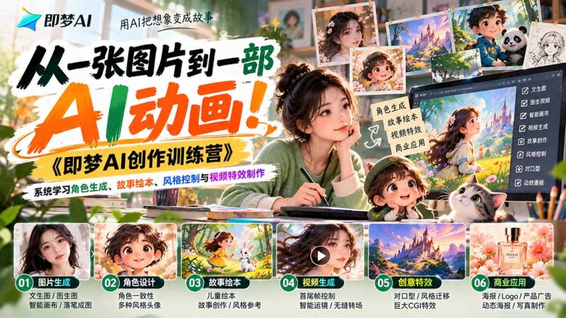 【无水印】从一张图片到一部AI动画!《即梦AI创作训练营》系统学习角色生成、故事绘本、风格控制与视频特效制作 - 严选资源大全 - 严选资源大全