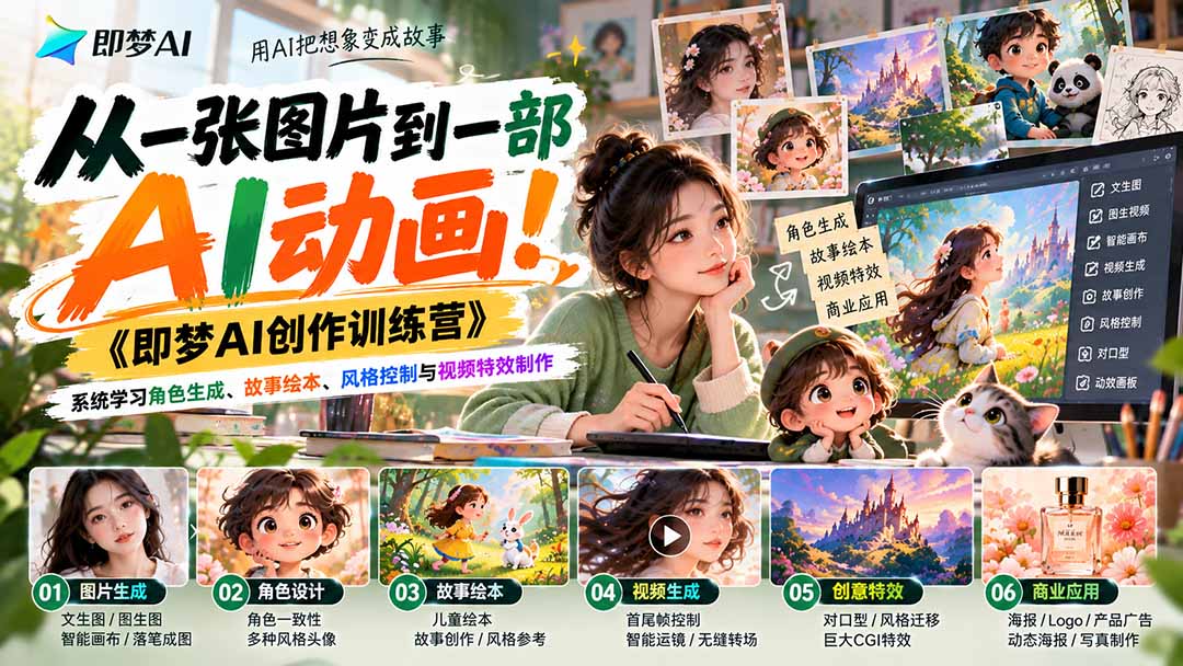 【无水印】从一张图片到一部AI动画！《即梦AI创作训练营》系统学习角色生成、故事绘本、风格控制与视频特效制作 - 严选资源大全