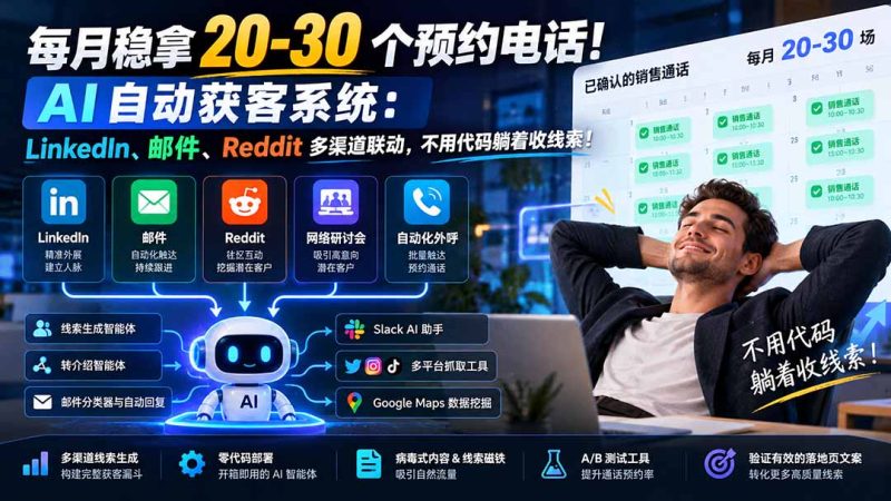 每月稳拿 20-30 个预约电话!AI 自动获客系统:LinkedIn、邮件、Reddit 多渠道联动,不用代码躺着收线索! - 严选资源大全 - 严选资源大全