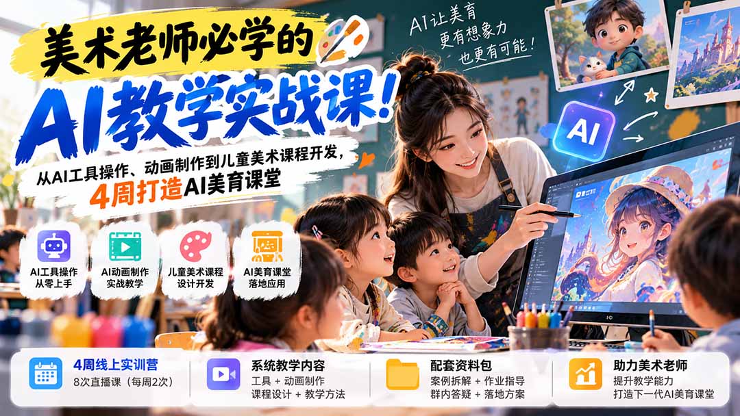 美术老师必学的AI教学实战课！从AI工具操作、动画制作到儿童美术课程开发，4周打造AI美育课堂 - 严选资源大全