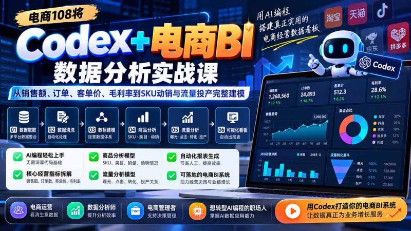 Codex+电商BI数据分析实战课-更新1026:从销售额、订单、客单价、毛利率到SKU动销与流量投产完整建模 - 严选资源大全 - 严选资源大全