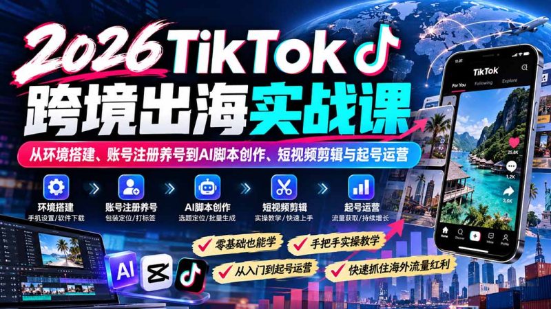 2026TikTok跨境出海实战课：从环境搭建、账号注册养号到AI脚本创作、短视频剪辑与起号运营 - 严选资源大全 - 严选资源大全