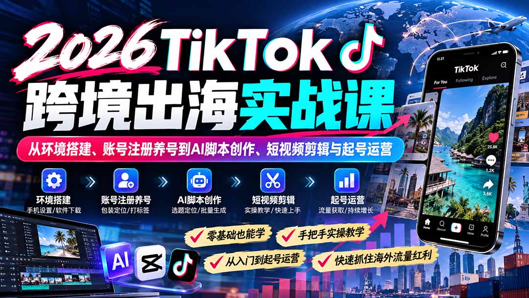 2026TikTok跨境出海实战课：从环境搭建、账号注册养号到AI脚本创作、短视频剪辑与起号运营 - 严选资源大全