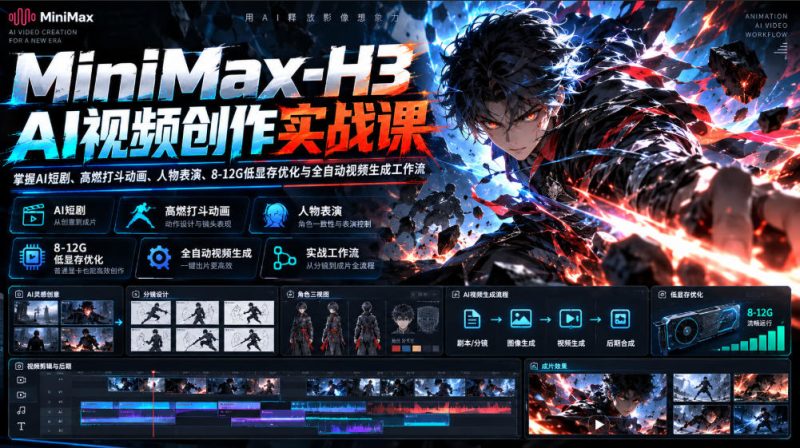 MiniMax-H3 AI视频创作实战课,掌握AI短剧、高燃打斗动画、人物表演、8-12G低显存优化与全自动视频生成工作流 - 严选资源大全 - 严选资源大全