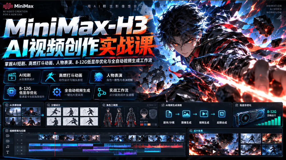 MiniMax-H3 AI视频创作实战课，掌握AI短剧、高燃打斗动画、人物表演、8-12G低显存优化与全自动视频生成工作流 - 严选资源大全
