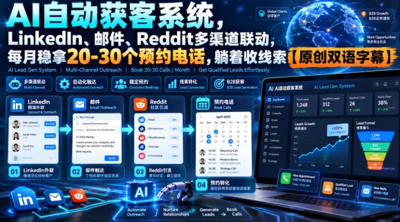 【无水印】AI自动获客系统,LinkedIn、邮件、Reddit多渠道联动,每月稳拿20-30个预约电话,躺着收线索【原创双语字幕】 - 严选资源大全 - 严选资源大全