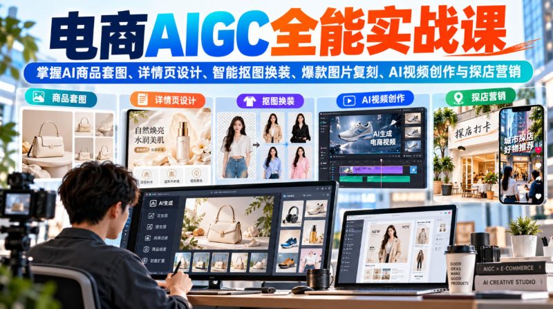 电商AIGC全能实战课:掌握AI商品套图、详情页设计、智能抠图换装、爆款图片复刻、AI视频创作与探店营销 - 严选资源大全 - 严选资源大全