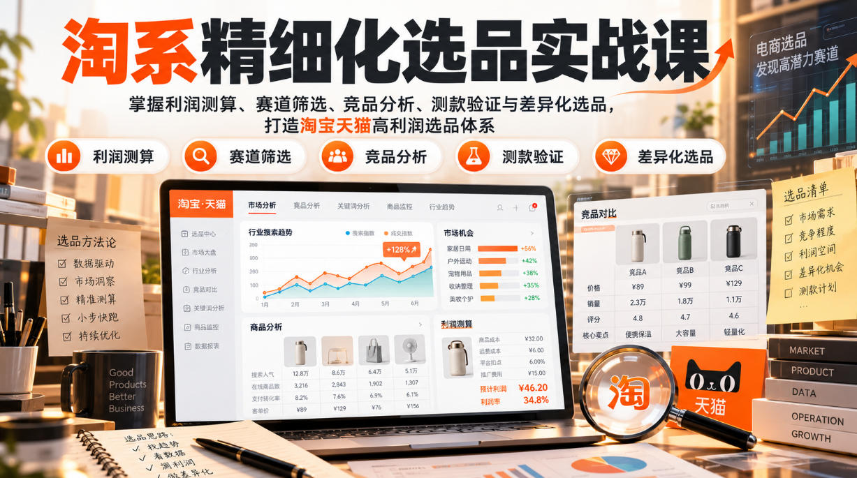 货架电商精细化选品实战课：掌握利润测算、赛道筛选、竞品分析、测款验证与差异化选品，打造淘宝天猫高利润选品体系 - 严选资源大全