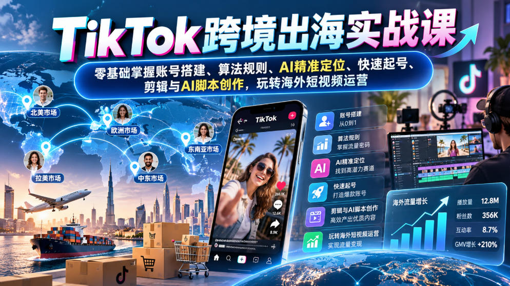 TikTok跨境出海实战课：零基础掌握账号搭建、算法规则、AI精准定位、快速起号、剪辑与AI脚本创作，玩转海外短视频运营 - 严选资源大全