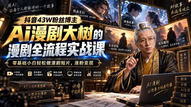 抖音43W粉丝博主Ai漫剧大树的漫剧制作全流程实战课，零基础小白轻松做漫剧短片，涨粉变现(更新1027) - 严选资源大全