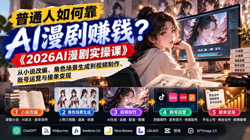 普通人如何靠AI漫剧赚钱?《2026AI漫剧实操课》从小说改编、角色场景生成到视频制作、账号运营与接单变现 - 严选资源大全 - 严选资源大全