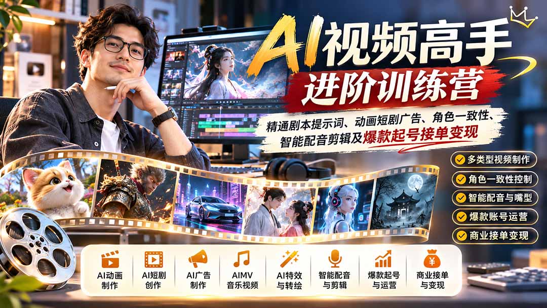 AI视频高手进阶训练营：精通剧本提示词、动画短剧广告、角色一致性、智能配音剪辑及爆款起号接单变现 - 严选资源大全