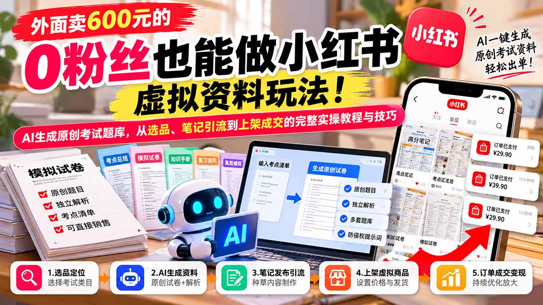 外面卖600元的 零粉丝也能做小红书虚拟资料玩法!AI生成原创考试题库,从选品、笔记引流到上架成交的完整实操教程 - 严选资源大全