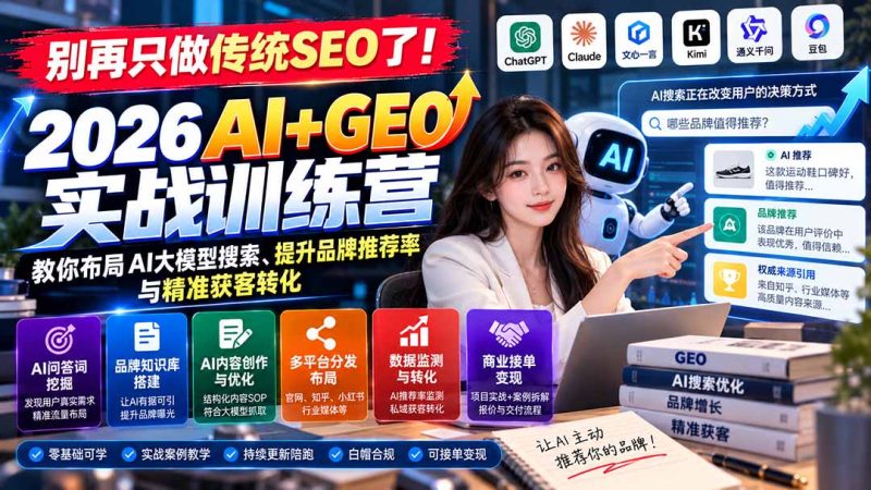 别再只做传统SEO了!《2026AI+GEO实战训练营》教你布局AI大模型搜索、提升品牌推荐率与精准获客转化 - 严选资源大全 - 严选资源大全