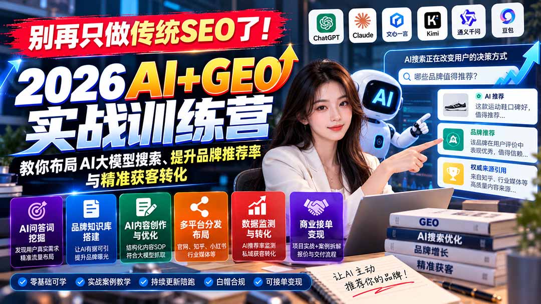 别再只做传统SEO了!《2026AI+GEO实战训练营》教你布局AI大模型搜索、提升品牌推荐率与精准获客转化 - 严选资源大全