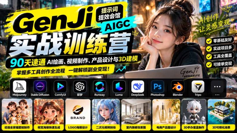 GenJi AIGC实战训练营:90天速通AI绘画、视频制作、产品设计与3D建模,掌握多工具创作全流程 - 严选资源大全 - 严选资源大全