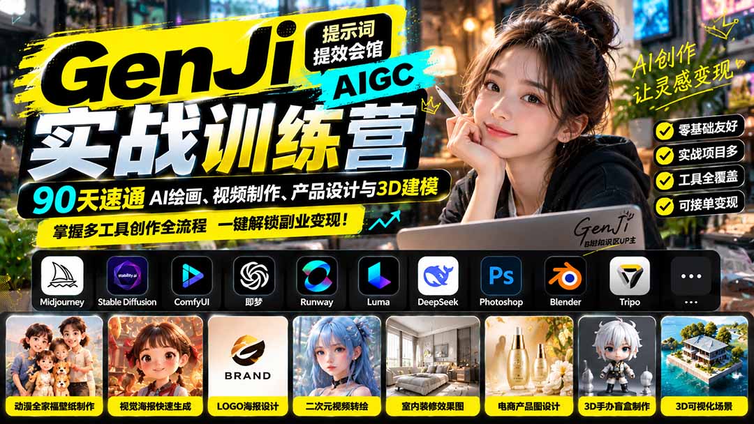 GenJi AIGC实战训练营：90天速通AI绘画、视频制作、产品设计与3D建模，掌握多工具创作全流程 - 严选资源大全