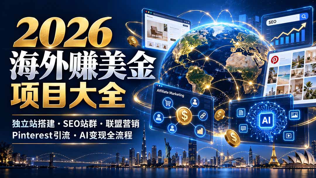2026海外赚美金项目大全：独立站搭建、SEO站群、联盟营销、Pinterest引流与AI变现全流程 - 严选资源大全