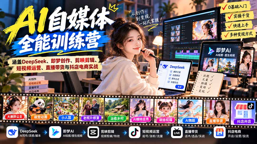 【无水印】AI+自媒体全能训练营：涵盖DeepSeek、即梦创作、剪映剪辑、短视频运营、直播带货与抖店电商实战 - 严选资源大全