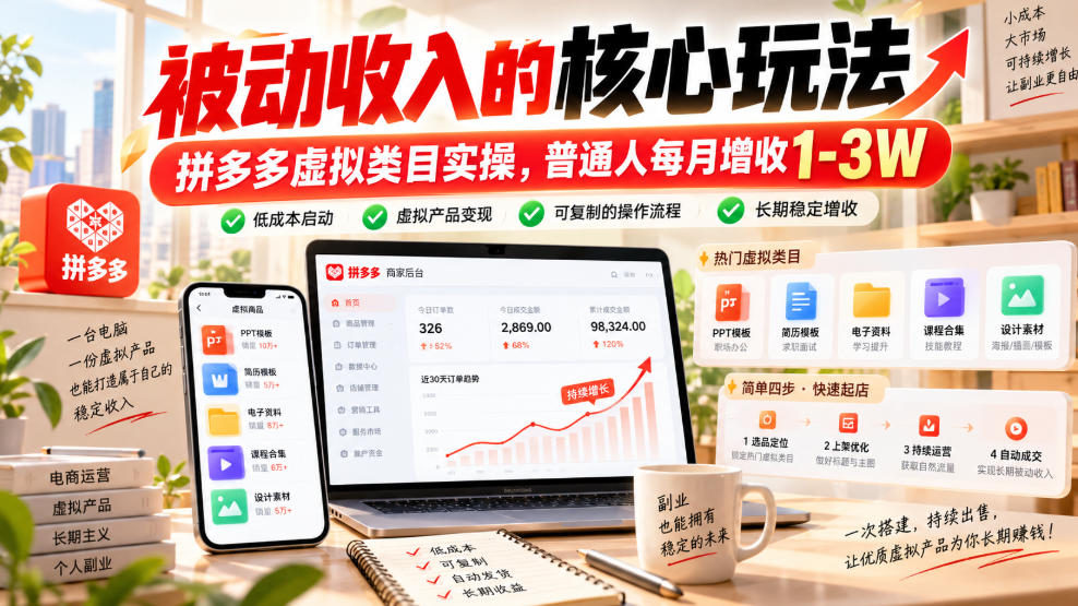 被动收入的核心玩法，拼多多虚拟类目实操，普通人每月增收1-3W【揭秘】 - 严选资源大全