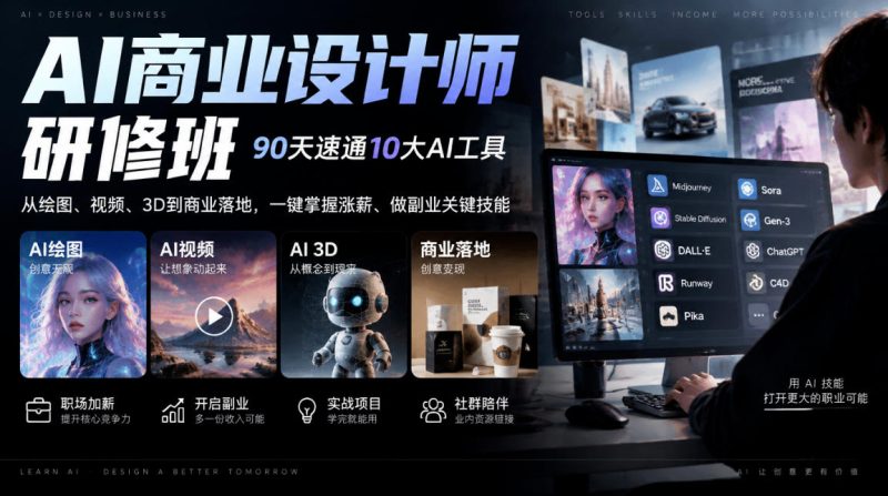 AI商业设计师研修班,90天速通10大AI工具,从绘图、视频、3D到商业落地,一键掌握涨薪、做副业关键技能 - 严选资源大全 - 严选资源大全